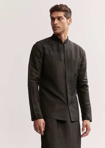 Black Silk Kurta Jacket Set For Men With Floral Cutdana Work