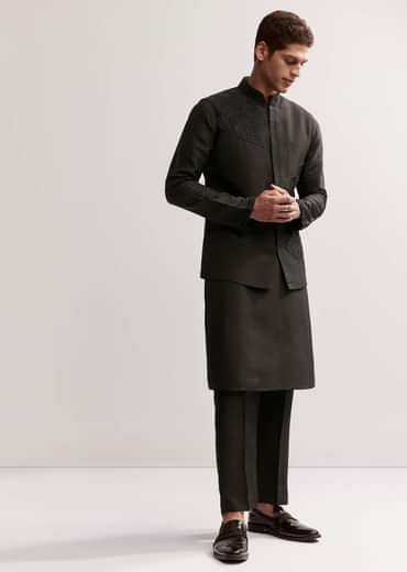 Black Silk Kurta Jacket Set For Men With Floral Cutdana Work