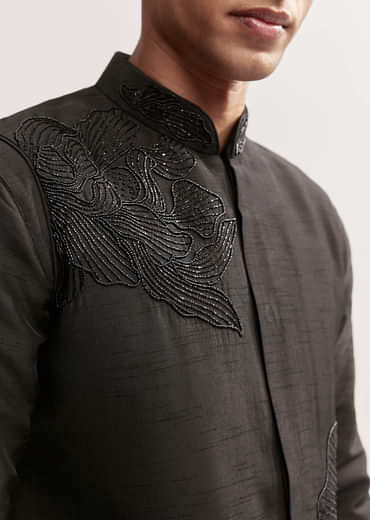 Black Silk Kurta Jacket Set For Men With Floral Cutdana Work