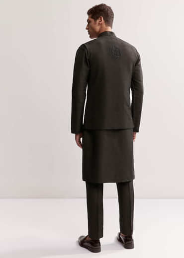 Black Silk Kurta Jacket Set For Men With Floral Cutdana Work