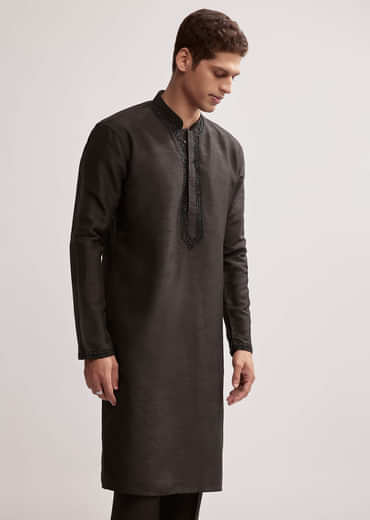 Black Silk Kurta Jacket Set For Men With Floral Cutdana Work