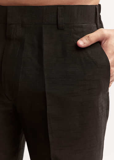 Black Silk Kurta Jacket Set For Men With Floral Cutdana Work