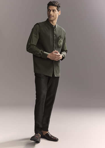 Black Silk Kurta Jacket Set For Men With Heavy Hand Work