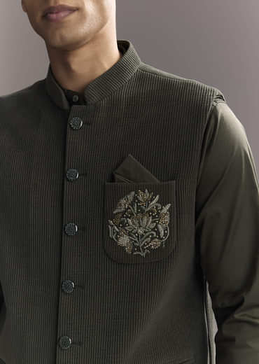 Black Silk Kurta Jacket Set For Men With Heavy Hand Work