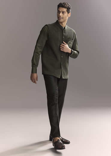 Black Silk Kurta Jacket Set For Men With Heavy Hand Work