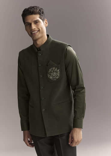 Black Silk Kurta Jacket Set For Men With Heavy Hand Work