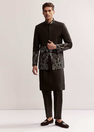 Black Silk Kurta Jacket Set For Men With Zardosi Embroidery
