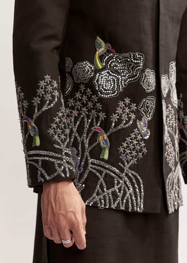 Black Silk Kurta Jacket Set For Men With Zardosi Embroidery