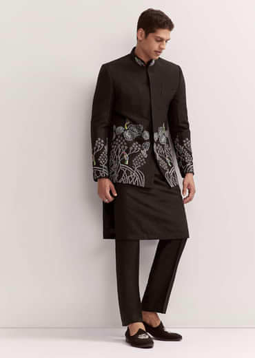 Black Silk Kurta Jacket Set For Men With Zardosi Embroidery