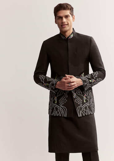 Black Silk Kurta Jacket Set For Men With Zardosi Embroidery
