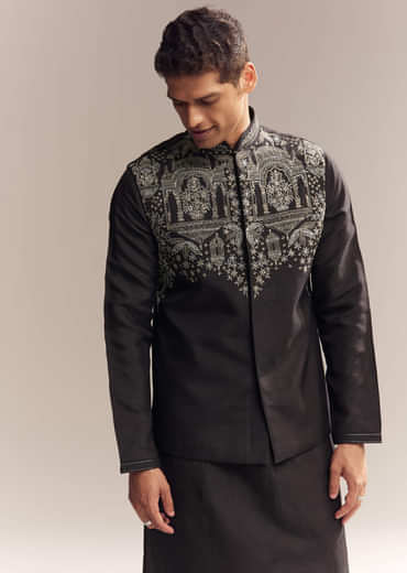 Black Silk Kurta Jacket Set For Men With Zari Cut Work