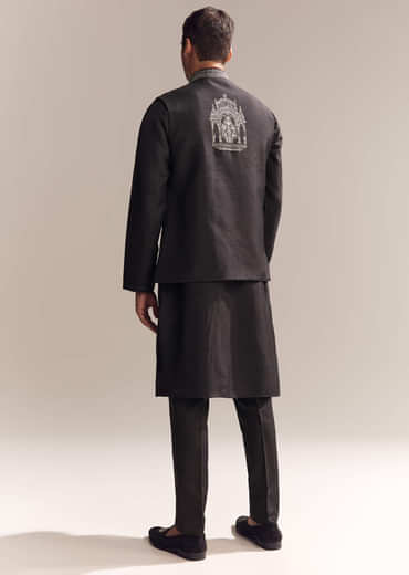 Black Silk Kurta Jacket Set For Men With Zari Cut Work