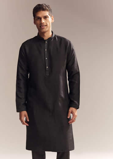 Black Silk Kurta Jacket Set For Men With Zari Cut Work