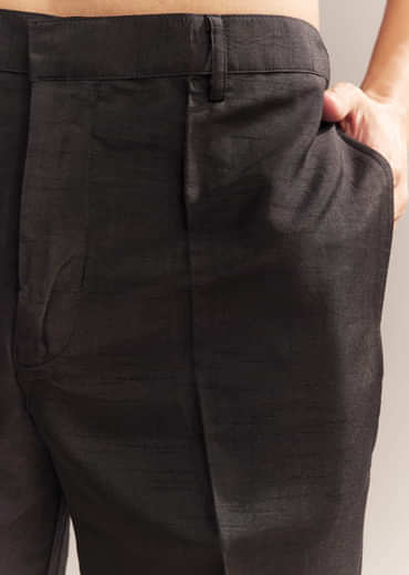 Black Silk Kurta Jacket Set For Men With Zari Cut Work