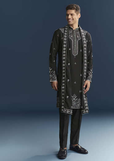 Black Silk Kurta Set For Men With Floral And Geometric Embroidery