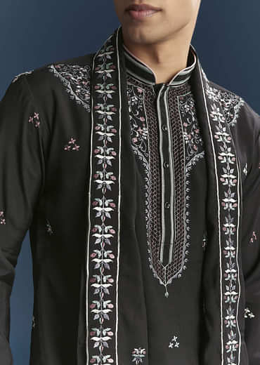 Black Silk Kurta Set For Men With Floral And Geometric Embroidery