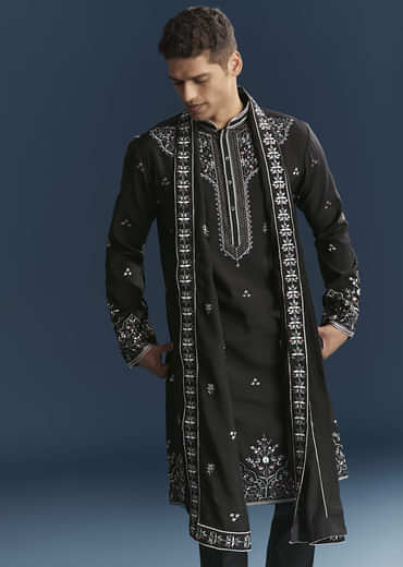 Black Silk Kurta Set For Men With Floral And Geometric Embroidery