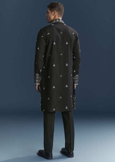 Black Silk Kurta Set For Men With Floral And Geometric Embroidery