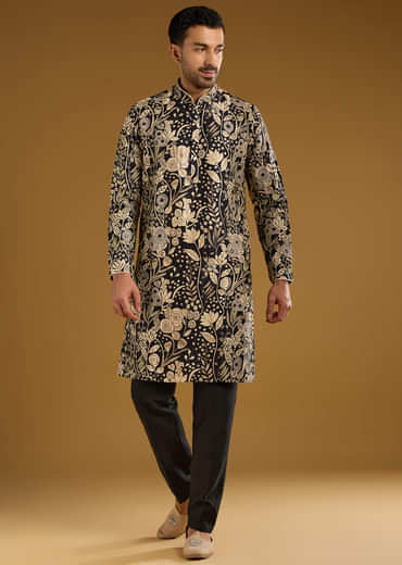 Black Silk Kurta Set For Men With Mirror Work