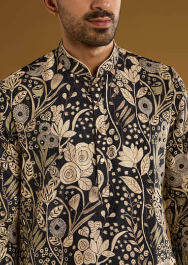 Black Silk Kurta Set For Men With Mirror Work