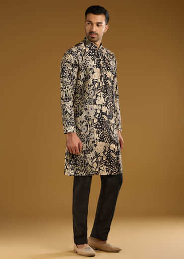 Black Silk Kurta Set For Men With Mirror Work