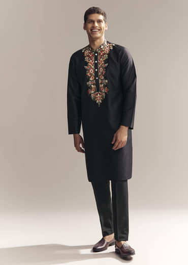 Black Silk Kurta Set For Men With Multi Colour Resham Embroidery