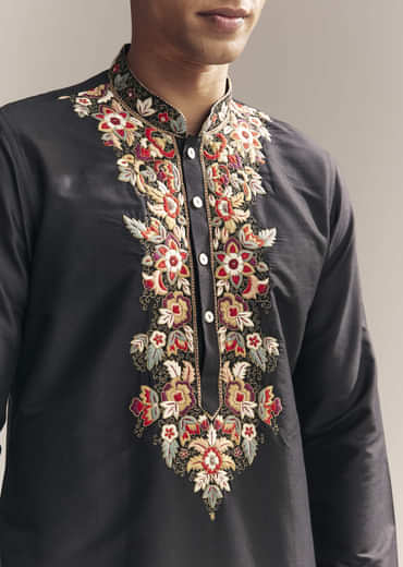 Black Silk Kurta Set For Men With Multi Colour Resham Embroidery