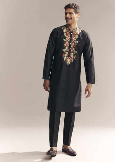 Black Silk Kurta Set For Men With Multi Colour Resham Embroidery