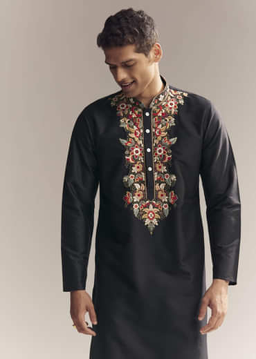 Black Silk Kurta Set For Men With Multi Colour Resham Embroidery