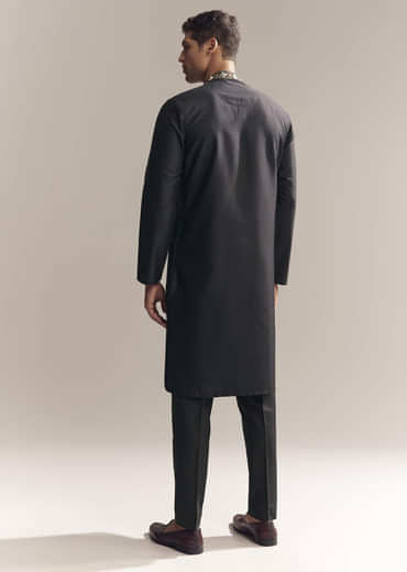 Black Silk Kurta Set For Men With Multi Colour Resham Embroidery