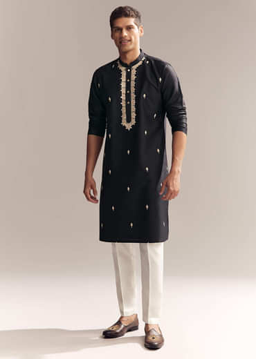 Black Silk Kurta Set For Men With Zardosi And Aari Work