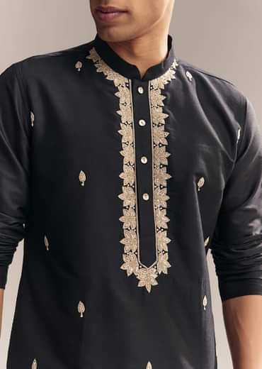 Black Silk Kurta Set For Men With Zardosi And Aari Work