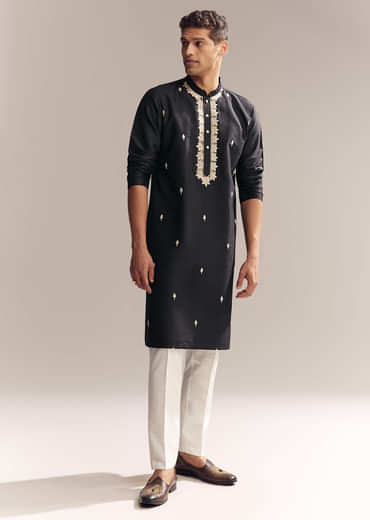 Black Silk Kurta Set For Men With Zardosi And Aari Work