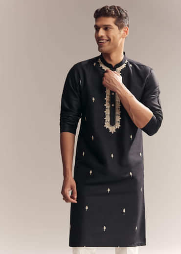 Black Silk Kurta Set For Men With Zardosi And Aari Work