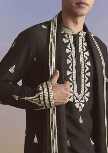 Black Silk Kurta Set For Men With Zari And Sequins Work
