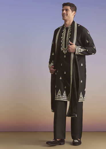 Black Silk Kurta Set For Men With Zari And Sequins Work