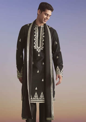 Black Silk Kurta Set For Men With Zari And Sequins Work