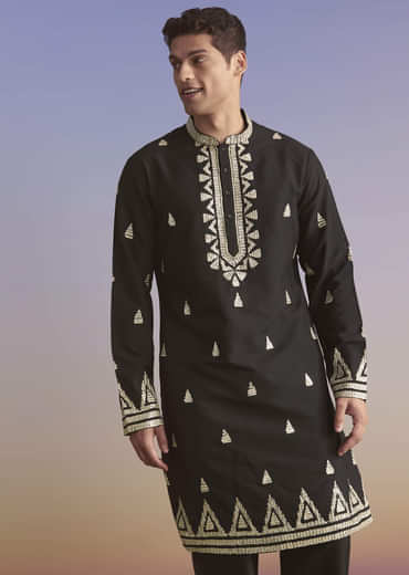 Black Silk Kurta Set For Men With Zari And Sequins Work