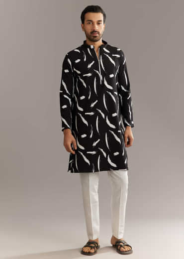 Black Silk Kurta Set With Abstract Prints