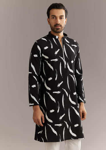 Black Silk Kurta Set With Abstract Prints