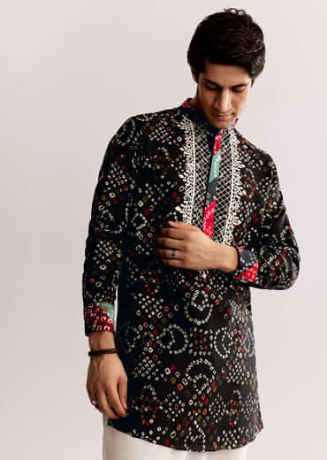 Black Silk Kurta Set With Bandhani Print