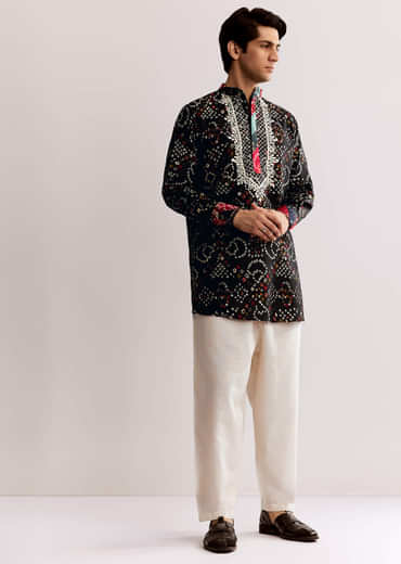 Black Silk Kurta Set With Bandhani Print
