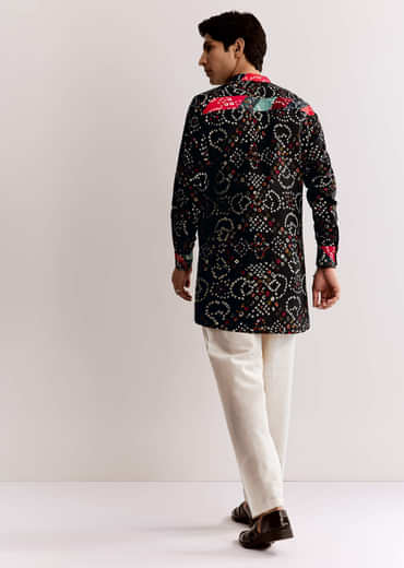 Black Silk Kurta Set With Bandhani Print