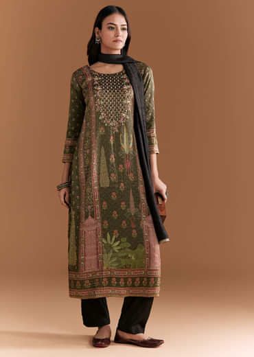 Black Silk Kurta Set With Floral Print And Hand Embroidery