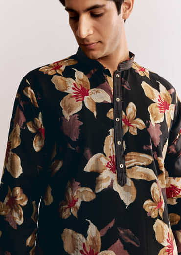 Black Silk Kurta Set With Floral Print