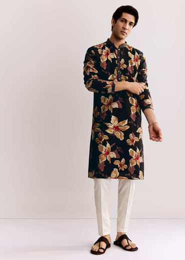 Black Silk Kurta Set With Floral Print