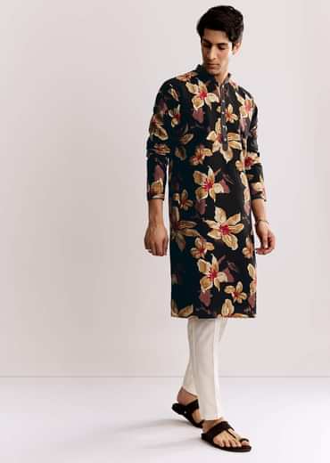 Black Silk Kurta Set With Floral Print