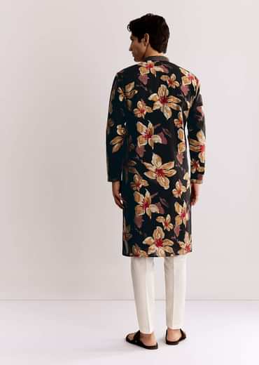 Black Silk Kurta Set With Floral Print