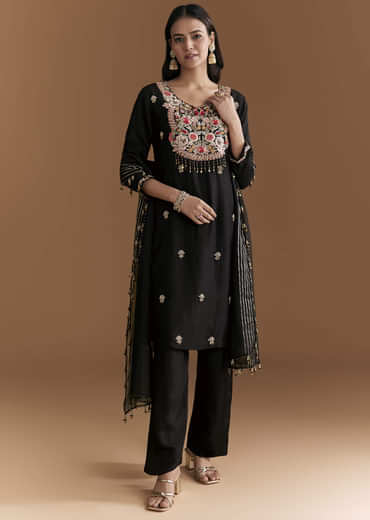Black Silk Kurta Set With Zardosi And Resham Embroidery