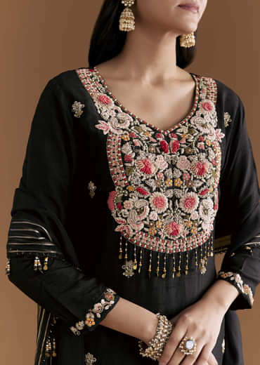 Black Silk Kurta Set With Zardosi And Resham Embroidery